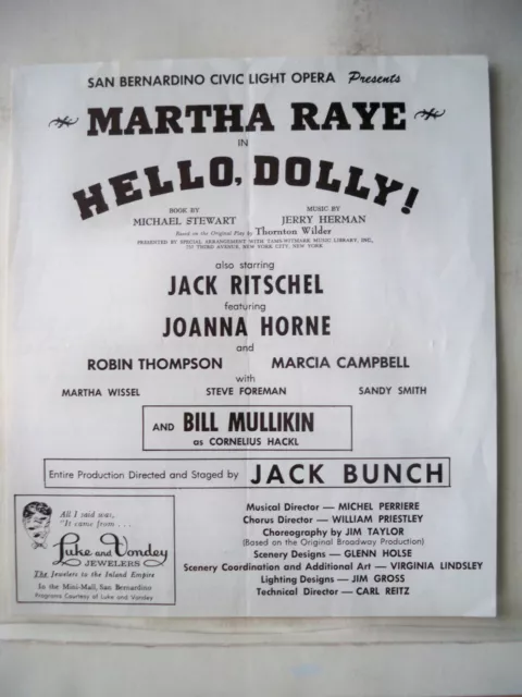 HELLO DOLLY Playbill MARTHA RAYE / JACK RITSCHEL San Bernardino CA CLO 1972