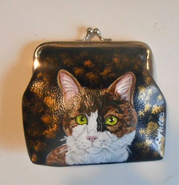 Calico Domestic Cat Coin Change Purse Hand Painted Vegan Clutch