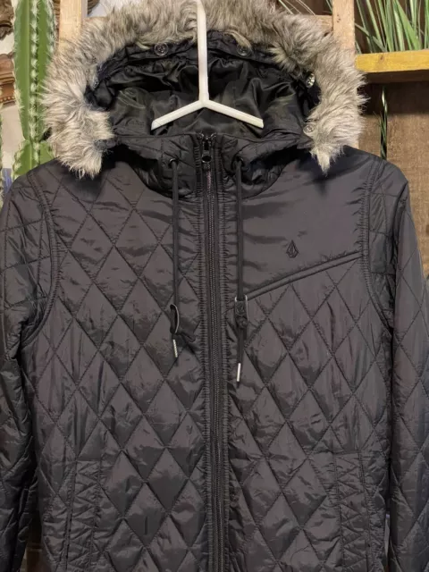 Volcom Puff In Puff Black Diamond Quilted Removable Fur Trim Hood Puffer Coat Sm 2