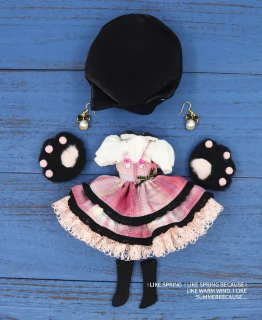 Cat checker puffy dress hat gloves earrings for 12" Blythe Doll Factory Outfit