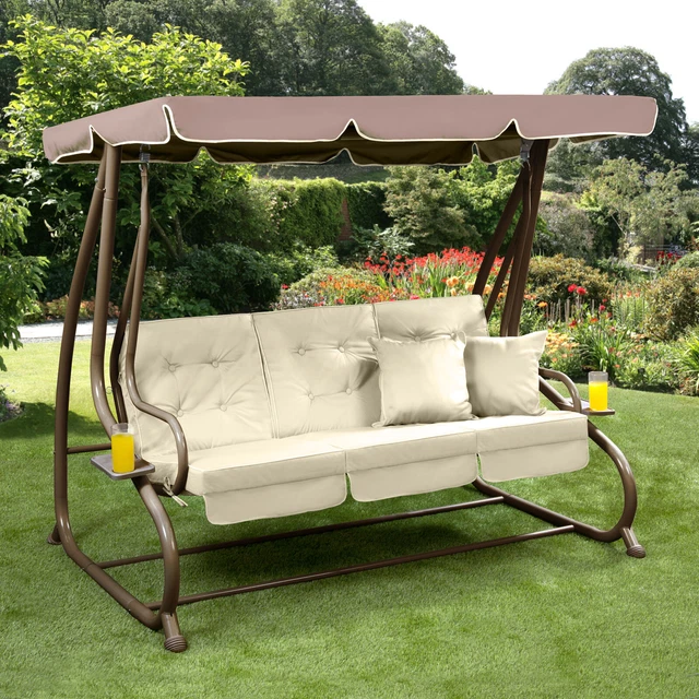 SOMERSET 3 SEAT Swing Hammock Bed Heavy Duty Garden Bench Patio Brown Cream Seat 269.99 PicClick UK