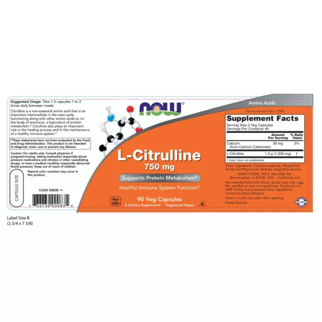 Now Foods L-CITRULLINE 750mg 90 Végétarien Capsules Système Immunitaire Sain 3