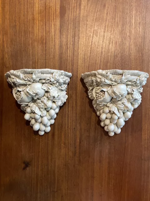 Vintage Pair Of Italian Style Wall Sconce Shelf Fruit Faux Plaster Majolica