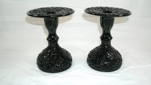 Pair of Rare Westmoreland Black Amethyst Glass Bramble Maple Leaf Candlesticks