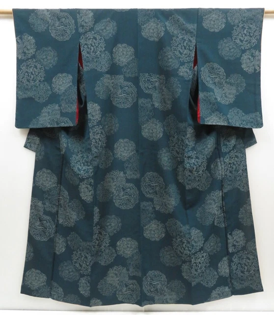 2422T03z810 Vintage Japanese Kimono Silk KOMON Dragon Dull cyan