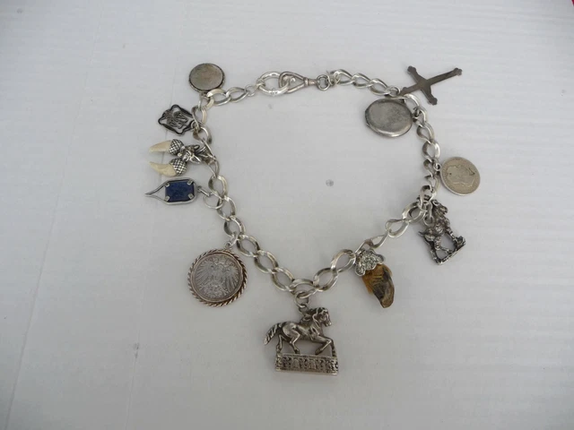 ANTIQUE AUSTRIAN SILVER MARKED LEDERHOSEN CHARIVARI WATCH CHAIN with 11 PENDANTS