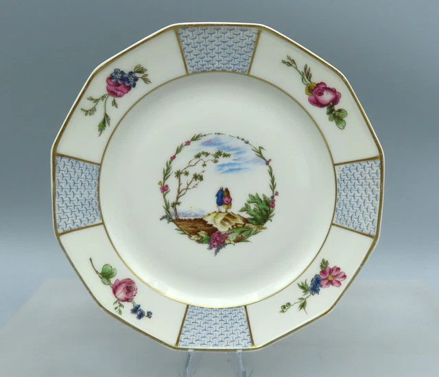 Seltener antiker Bernardaud Limoges Porzellan Dessertteller blauer Korb gewebt rosa