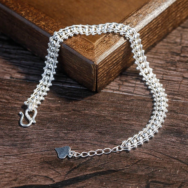 Pure S990 Sterling Silver Chain Lucky Phoenix Tail Beads Link Bracelet