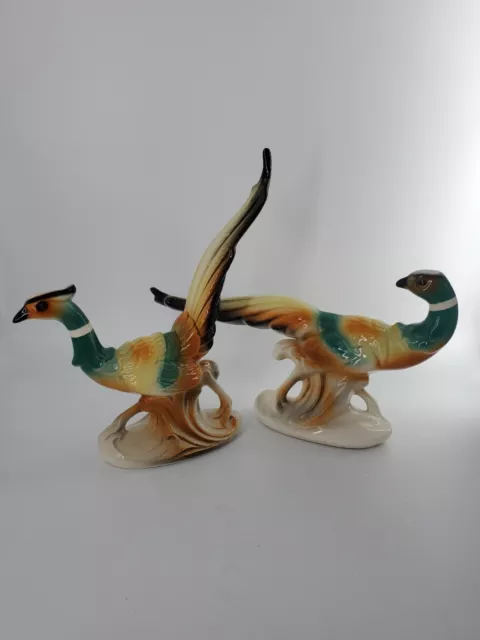 Pair of Colorful MCM Vintage Royal Copley Porcelain Ring Neck Pheasant Figurines