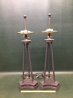 Fine Pair Vtg Frederick Cooper Cast Iron Lamps Tripod Style Claw Feet Black Gold