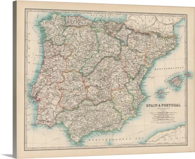 Johnstons Map of Spain  Portugal Canvas Wall Art Print, Map Home Decor