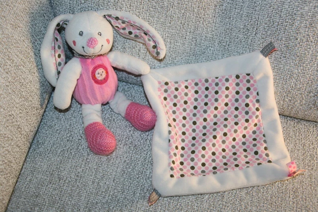 Nicotoy Doudou Lapin Blanc Rose Oiseau Brode Mouchoir Pois  Etat Neuf