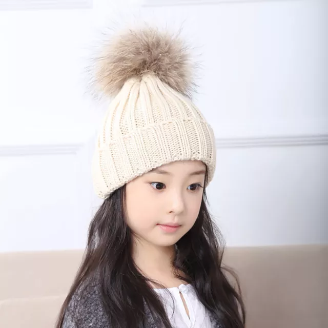 Kids Winter Warm Faux Fur Bobble Solid Color Knitted Beanie Ski Hat POM POM Cap 3