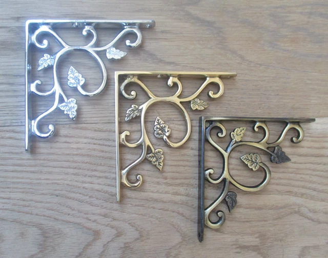 PAIR of Solid brass ornate decorative vintage wall mounted shelf support bracket