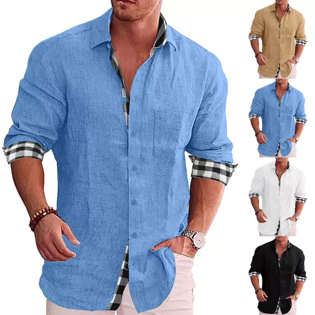 Mens Cotton Linen Shirt Smart Business Work Casual Slim Fit Long Sleeve Tops US