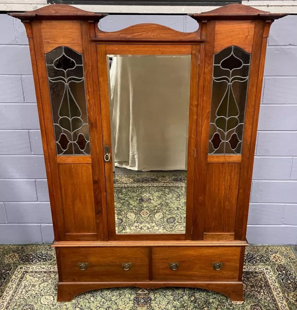 Stunning Large Arts & Crafts Antique Oak Wardrobe with Leaded Stained Glass