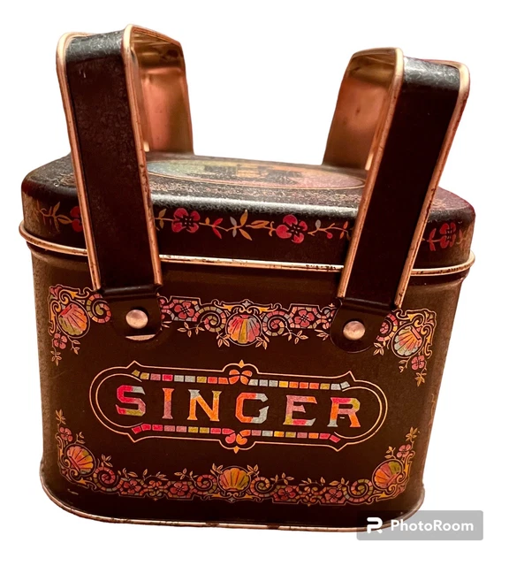 VINTAGE SINGER SEWING Machine Tin Box Black & Rainbow w/ Handles 16.95