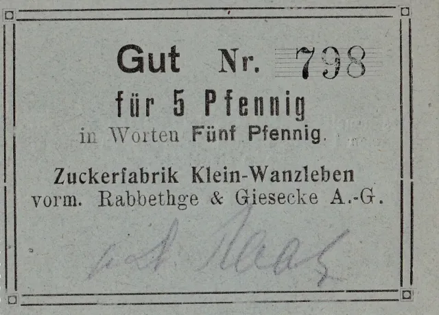 Klein-Wanzleben, Zuckerfabrik: 5 Pfennig o.D.(1917) kassenfrisch!