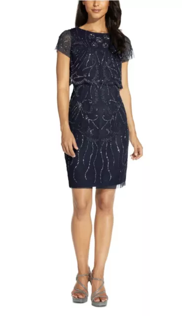 Adrianna Papell Women’s Midnight Beaded Cocktail Sheath Dress Size 14 NWT