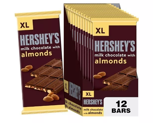 HERSHEY'S Milk Chocolate with Almonds Candy, 4.25 oz Extra Large Bars 12 Count