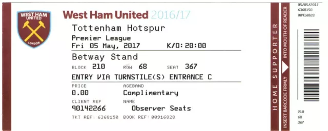 TICKET STUB - WEST HAM UNITED v TOTTENHAM - 05/05/2017