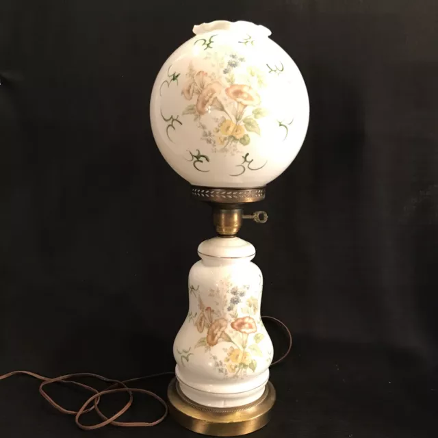 Large Vintage Glass Hurricane Floral Buffet Lamp, GWTW  Hand Painted 22" Height