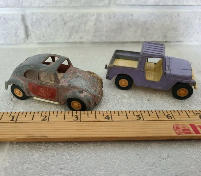 1960's Vintage TootsieToy Volkswagen Beetle 2-1/4" & Purple Truck Made in USA