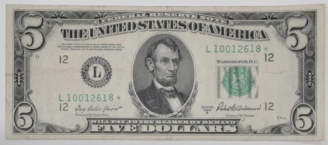 Series 1950-B $5 Federal Reserve *STAR* Note L-* Block Fr#1963-L*  VF Condition