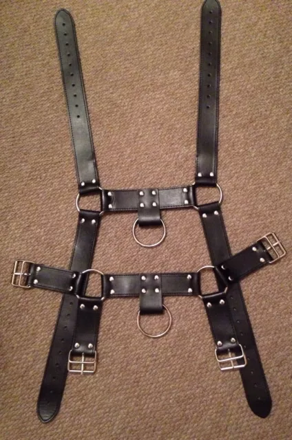 Mens Black Faux Leather Chest Harness Fancy Dress - One Size - Brand New