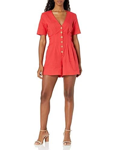 BCBGeneration Women's Button Front Flutter SLV Woven Romper Cherry SM US 4