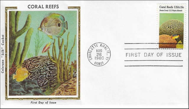 Coral Reefs Brain Coral Virgin Islands Exotic Fishes USA Colorano Silk FDC 1980