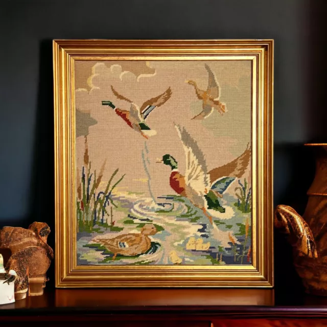 Vintage Wood Framed Picture Cross Stitched Flying Mallard Duck Needlepoint 1978