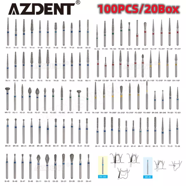 20 Packs AZDENT Dental Diamond Burs Fit High Speed Handpiece Friction Grip 1.6mm