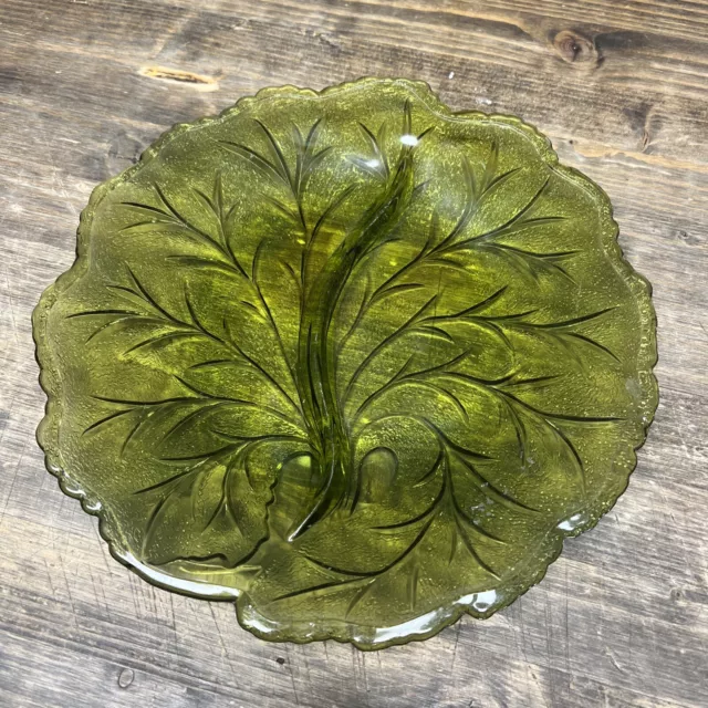 Pretty Vintage Indiana Glass Green Textured Divided LEAF PLATE Divided Platter