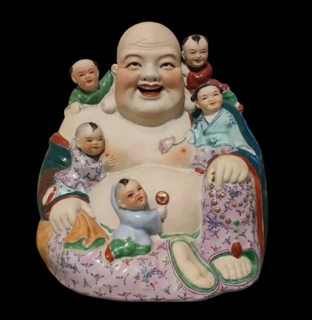 Old Chinese Porcelain Statue, Happy Buddha with 5 Children - Tongzhi Kids