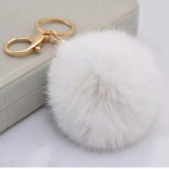 White Fur Pom-pom Key Chain Bag Charm Fluffy Puff Ball Key Ring Pendant 8CM NWT