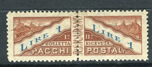 SAN MARINO; 1945 early Parcel post issue fine Mint hinged Pair of 1L. value