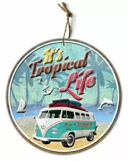 Round Metal Tin Sign Wall Art Embossed Blue Kombi Tropical Life Man Cave