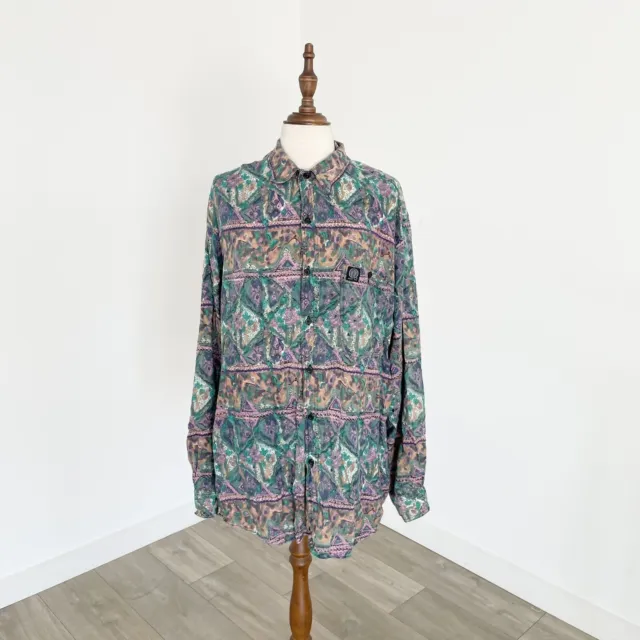 Vintage Hang Ten Mens Long Sleeve Button Up Shirt Size XL kaleidoscope
