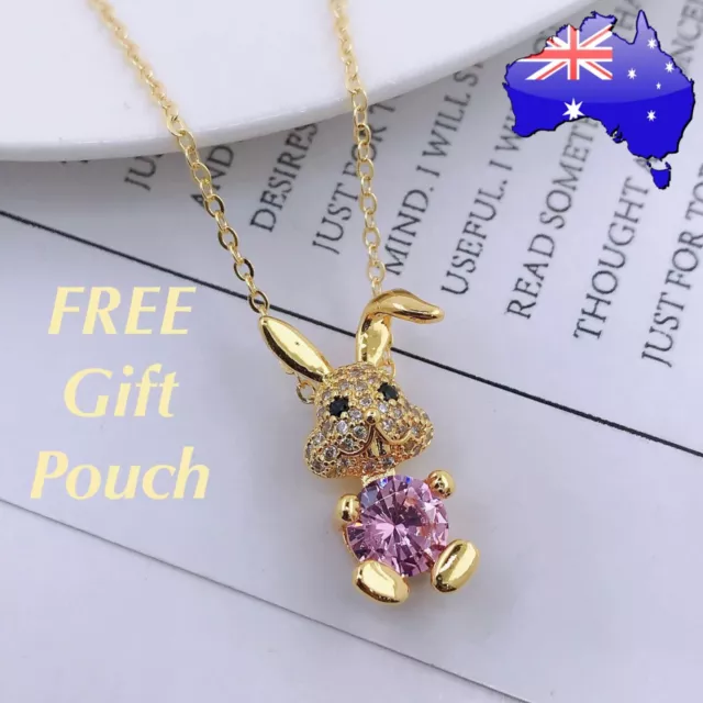 Pink Crystal Easter Bunny Rabbit Gold Dainty Mini Pendant Necklace Women’s Gift