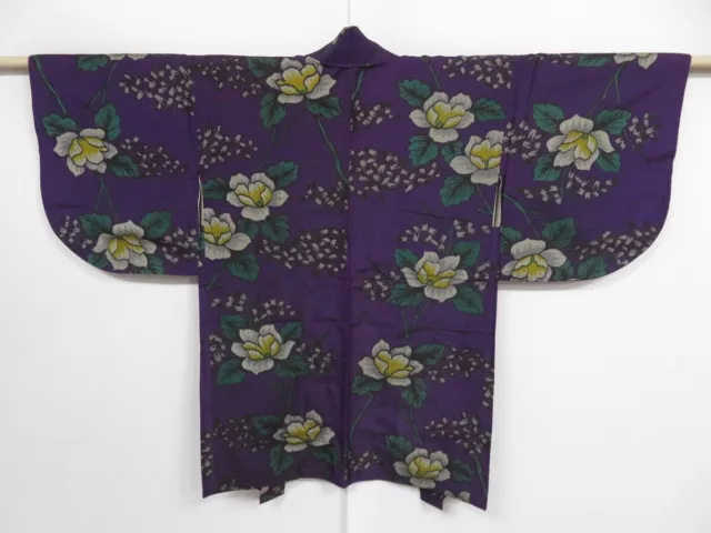 0822i04z420 Vintage Japanese Kimono Silk MEISEN HAORI Dark purple Flower