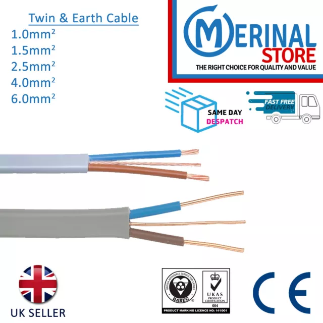 Twin and Earth T&E Cable 3 Core & Earth Wire Electric Socket Cooker Mains Wire