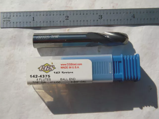 New Cgs Usa 7/16" Dia. X 1" Loc X 2-3/4" Oal C.c. 4 Flute Carbide Ball Endmill