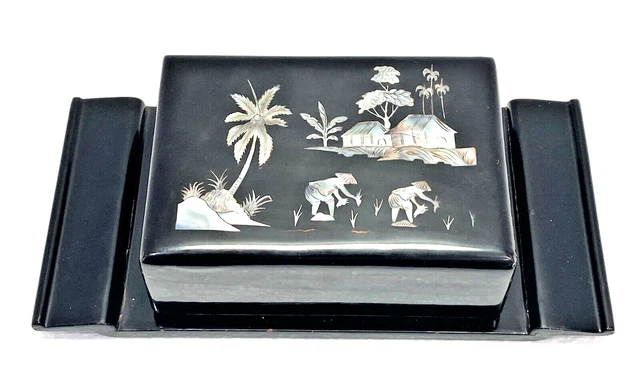 Vintage MCM Black Lackquer Asian Oriental Cigarette Box Holder Vietnam - 63bh