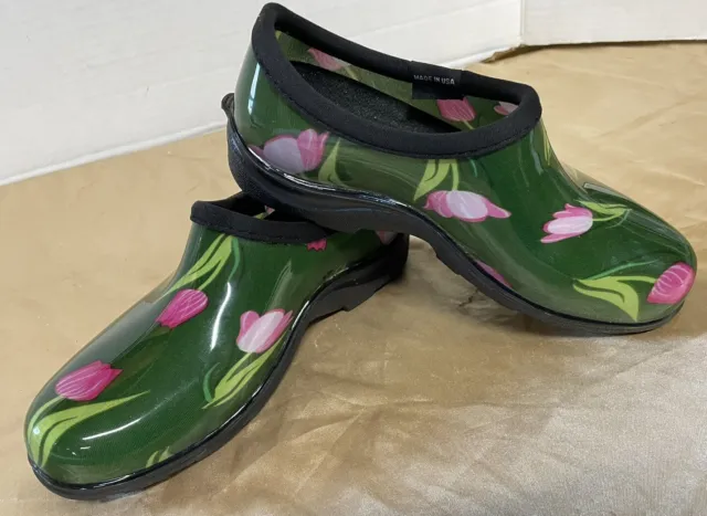 Sloggers Rain Shoes Womens Size 6 Slip-on Green Floral Tulips Gardening