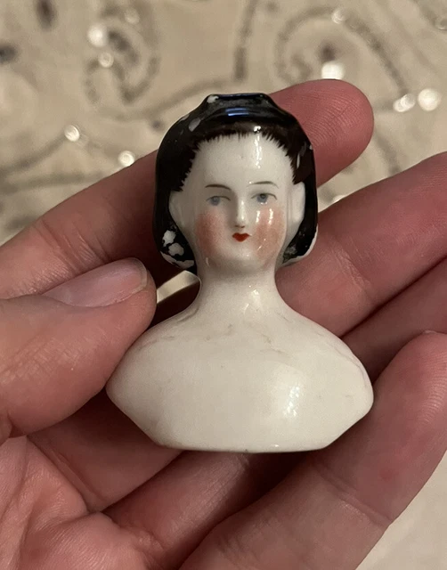 Very Unusual Rare Fancy Hair Antique German Small China Doll Head Bow Snood