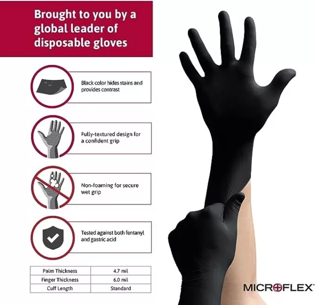 Microflex MidKnight Black Disposable Nitrile Gloves, Size Large (Box of 100) 3