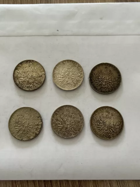 Lot De 6 Pièces 5 Francs Semeuses Argent