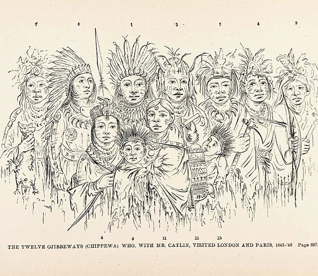 1885 Chippewa and Catlin Visiting London 1845 Engraving Native American