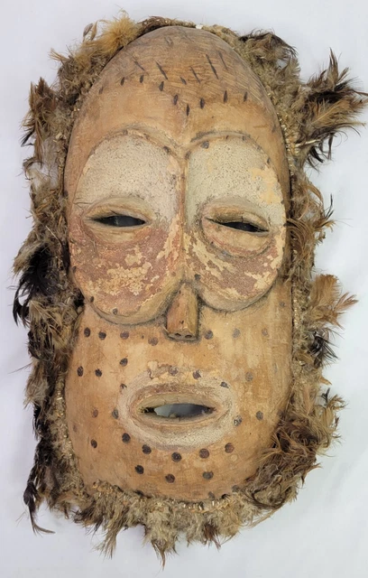 Antique African Lega Carved Wooden & Feathers Mask - Primitive Folk Art - 1950s